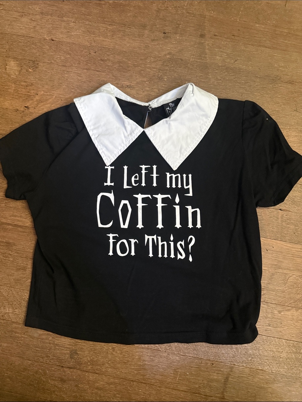 Gothic Black Graphic Crop Top with White Peter Pan Collar